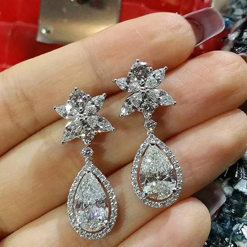 Hot selling flower earrings exquisite teardrop pear-shaped zircon earrings romantic wedding bridal earrings