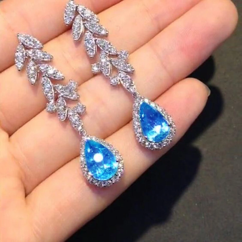Light luxury French design sea blue zircon teardrop earrings exquisite niche high-end temperament pear-shaped earrings