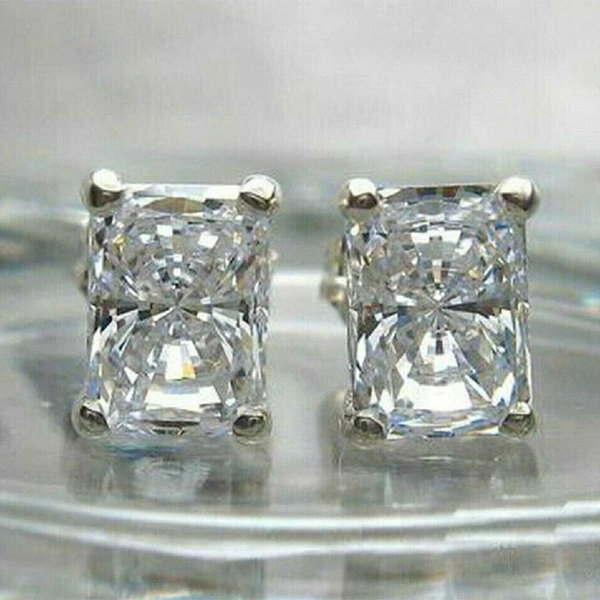 2021 new earrings classic four-claw square diamond zircon earrings copper plated white gold simple earrings