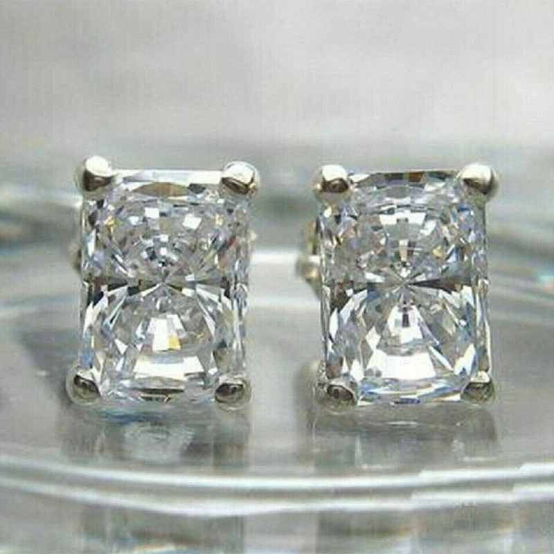 2021 new earrings classic four-claw square diamond zircon earrings copper plated white gold simple earrings