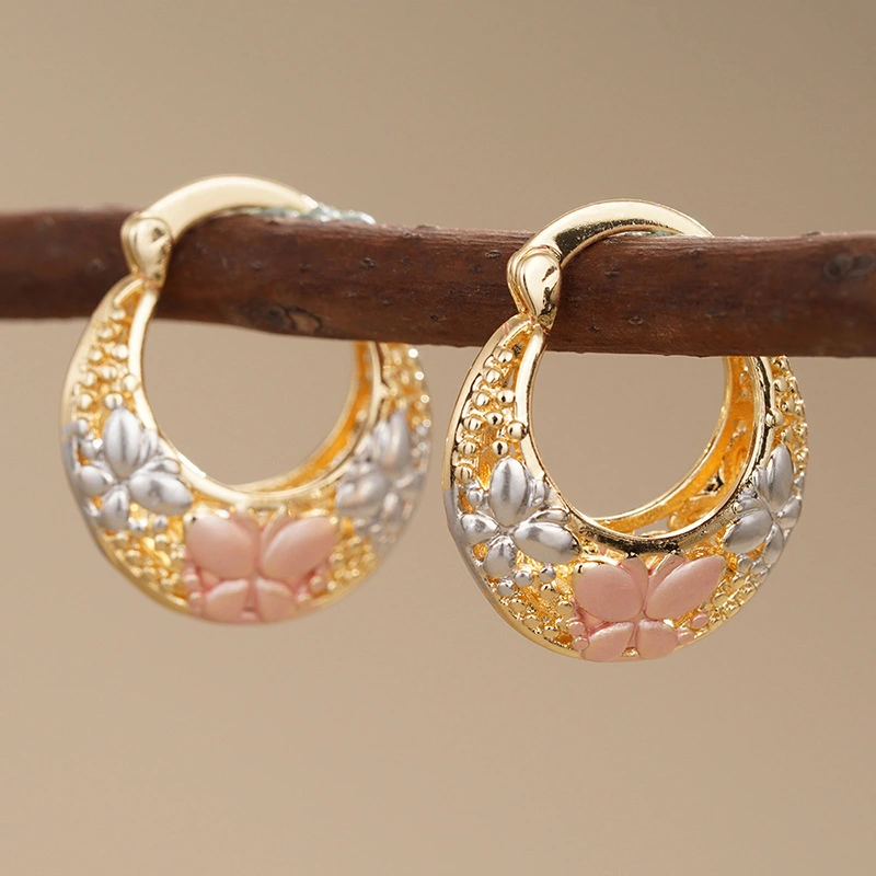 Hot selling ear clips for women, elegant pastoral style, three-color butterfly earrings, metal hollow frosted
