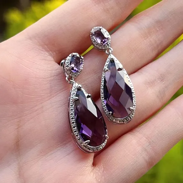 European and American purple pendant earrings, teardrop pear-shaped colored diamond earrings, luxurious and versatile dress accessories