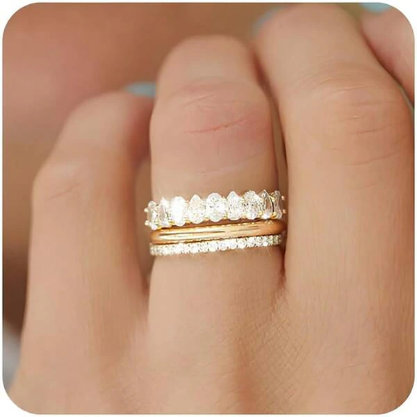 European and American light luxury zircon ring three-piece set wedding banquet dress jewelry fashion geometric design ring
