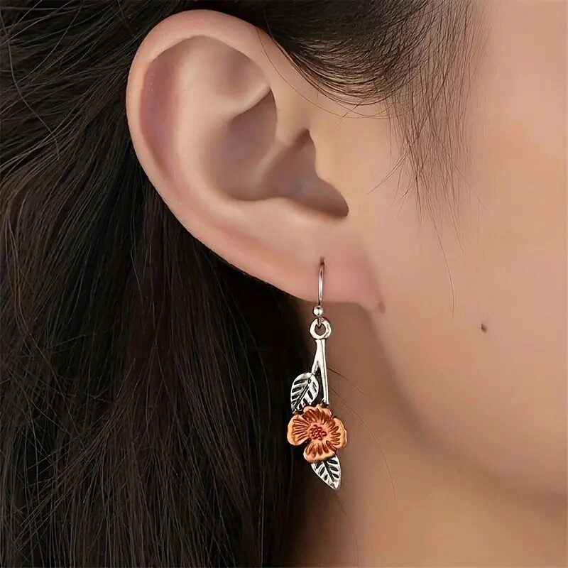 European and American new leaf flower earrings two-color retro niche simple earrings long earrings