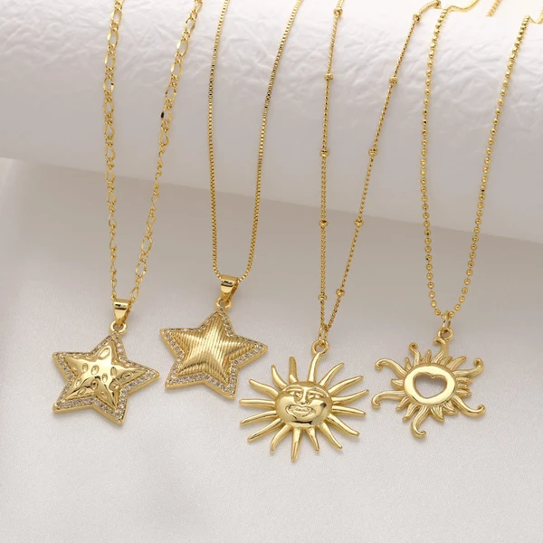AS jewelry retro sun pendant necklace copper plated real gold five-pointed star clavicle chain nkz04