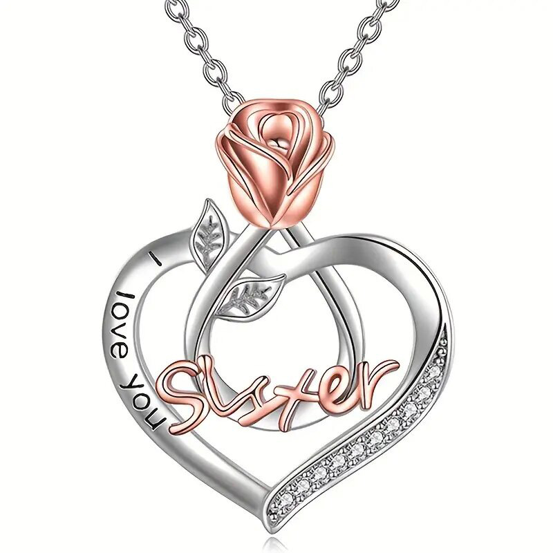  European and American style two-color necklace female bestie sister flower birthday gift sister rose heart necklace