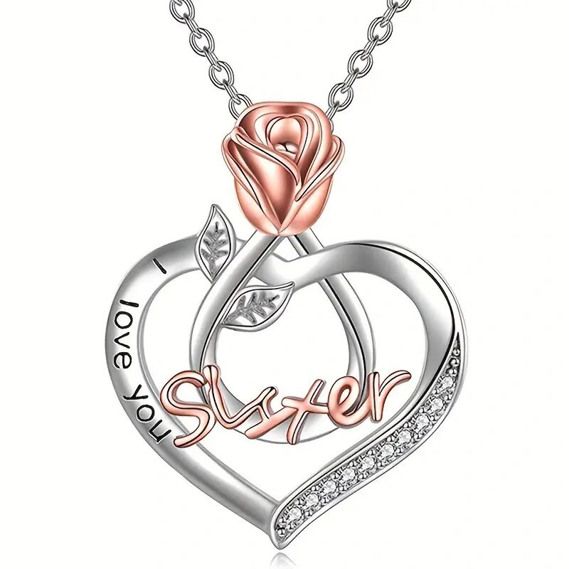  European and American style two-color necklace female bestie sister flower birthday gift sister rose heart necklace