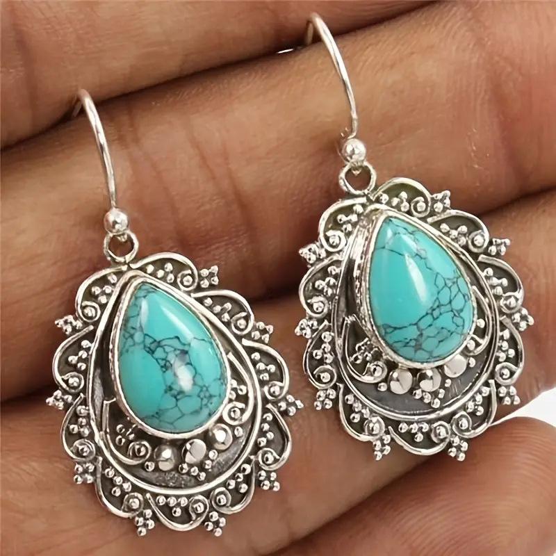  European and American Asian imitation turquoise earrings for women, water drop, literary and retro, elegant ethnic style, fashion jewelry