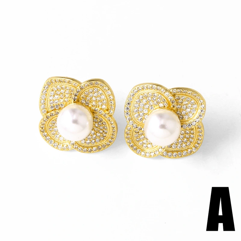 AS jewelry European and American copper plated real gold pearl flower inlaid zircon earrings earrings female erj92 earrings
