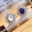 Live streaming style internet celebrity retro earrings new diamond sapphire zircon flower-shaped earrings for women