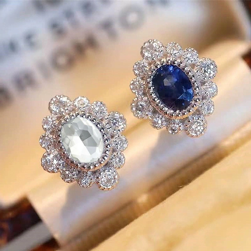 Live streaming style internet celebrity retro earrings new diamond sapphire zircon flower-shaped earrings for women