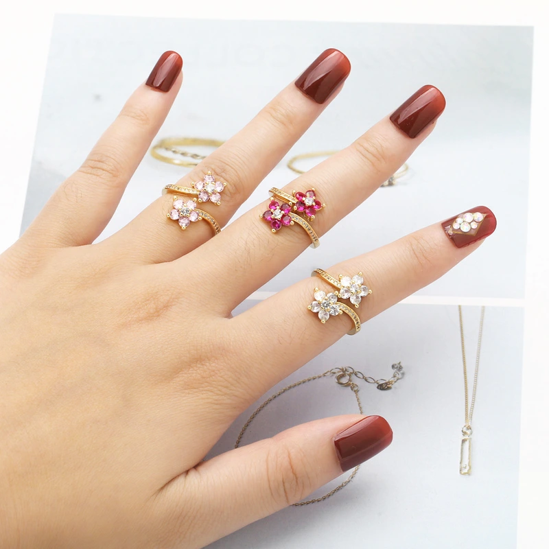 AS jewelry ring flower colored zircon ring copper plated real gold adjustable ring rin38