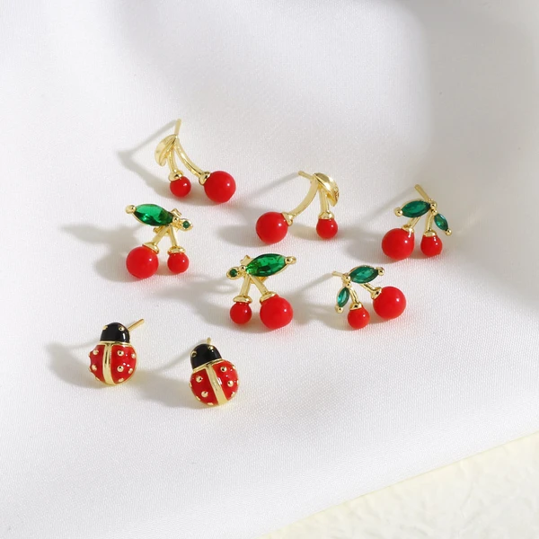 AS jewelry copper plated 18k gold fruit cherry inlaid zircon earrings earrings erq30 ring