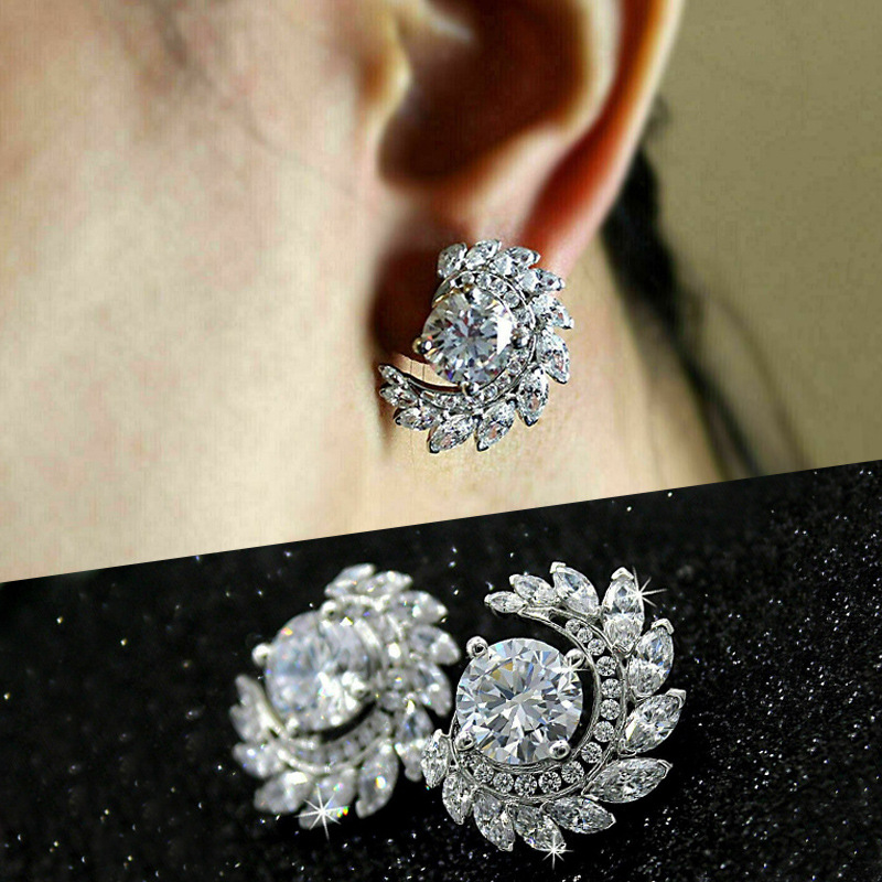  Japanese and Korean super shiny flower leaf earrings personalized versatile simple C-shaped zircon jewelry plant flower earrings