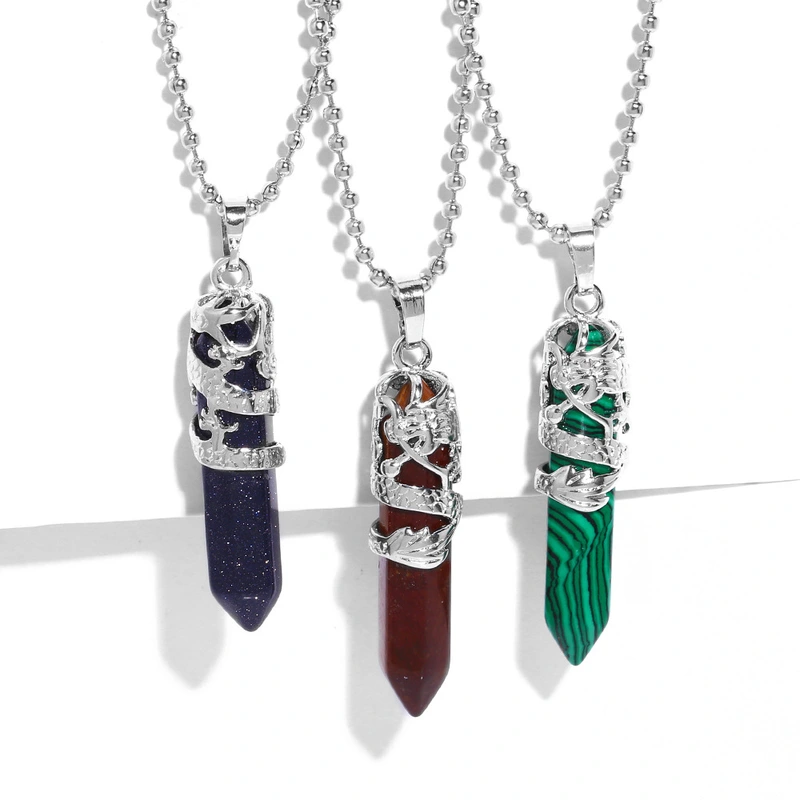 Hot selling crystal agate single pointed hexagonal column pendant bullet necklace European and American jewelry wholesale nkb579