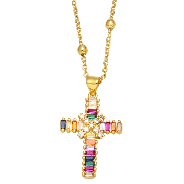 European and American jewelry style fashion micro-inlaid colored zircon geometric cross pendant necklace for women nkb412