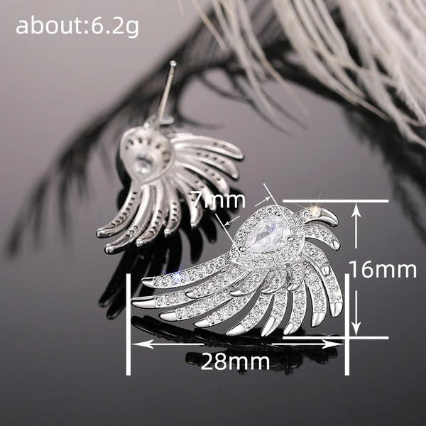 Micro-inlaid angel wings earrings Japanese and Korean style all-match high-end luxury earrings luxury feather earrings
