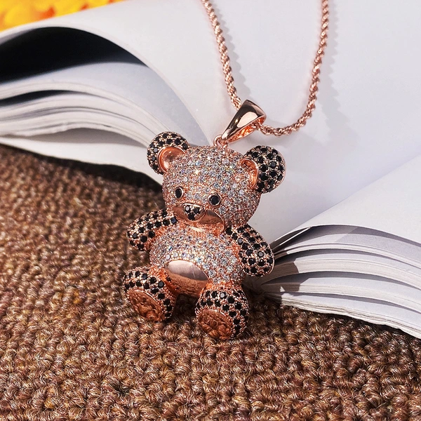 Popular cartoon bear pendant rose gold two-tone zircon men's and women's hip-hop necklace snake bone chain