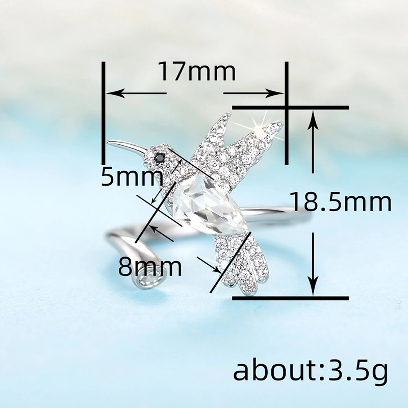  Fashionable niche design colorful ring female hummingbird open adjustable ring popular style