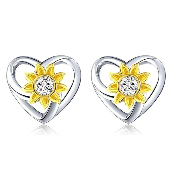  Japanese and Korean heart-shaped earrings, sunflower and sunflower two-color micro-inlaid earrings, elegant hollow design earrings