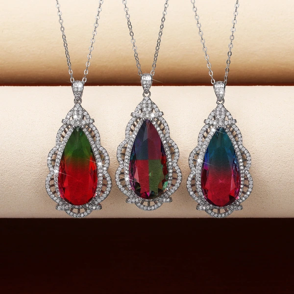 Exclusively for fashion accessories women's large teardrop colored gemstone pendant copper plated white gold super flash zircon necklace