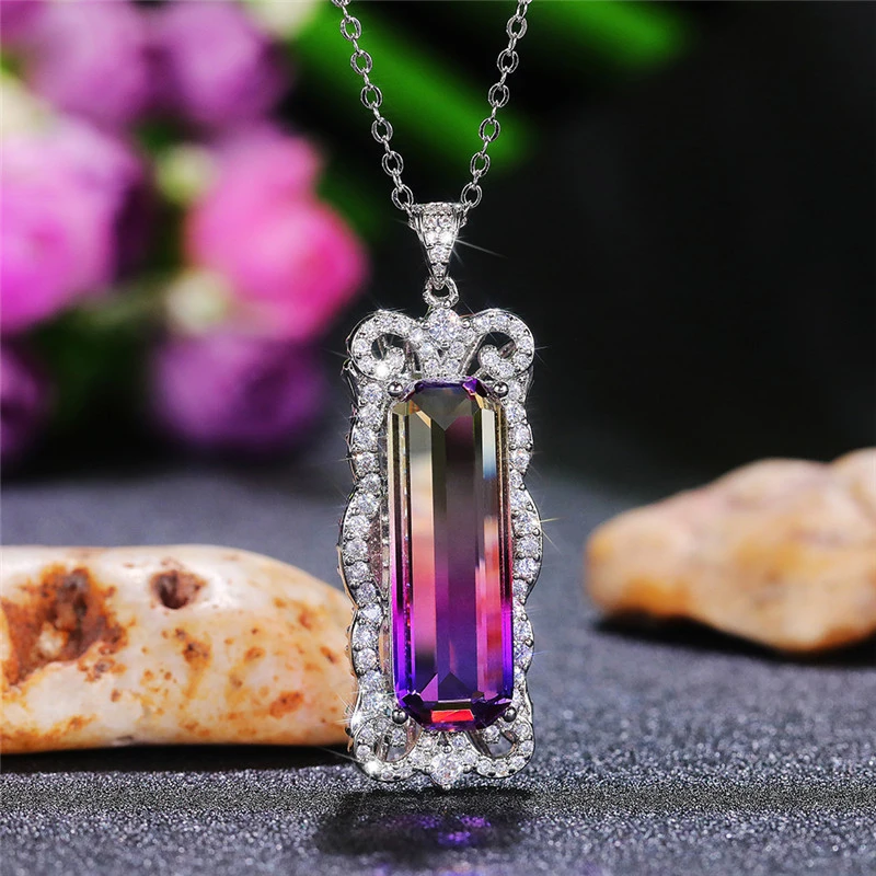 2022 Fashionable New Gradient Color Imitation Gemstone Pendant Necklace Inlaid with Zircon Necklace Party Jewelry