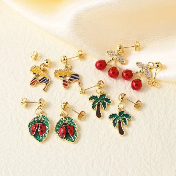 AS jewelry retro copper plated real gold cherry coconut tree pendant earrings earrings female erq31
