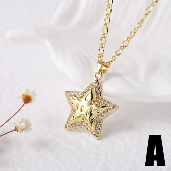 AS jewelry retro sun pendant necklace copper plated real gold five-pointed star clavicle chain nkz04