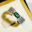 Hot emerald tourmaline ring wheat ear hollow ribbon female niche design small row diamond ring