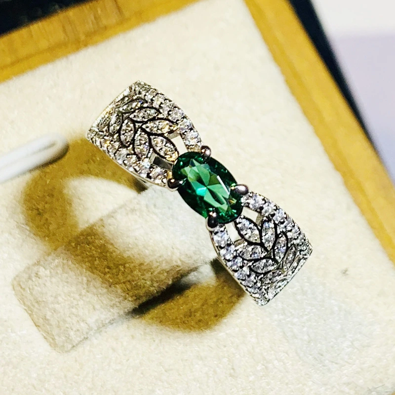 Hot emerald tourmaline ring wheat ear hollow ribbon female niche design small row diamond ring