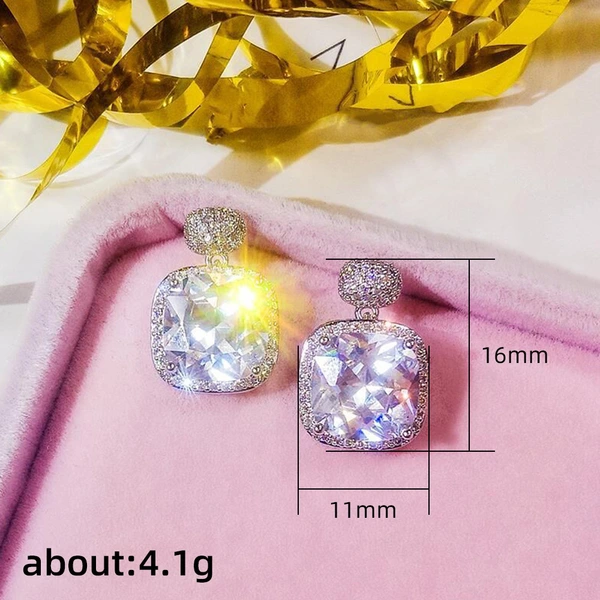 European and American new super flash square zircon short earrings versatile light luxury square retro earrings for women
