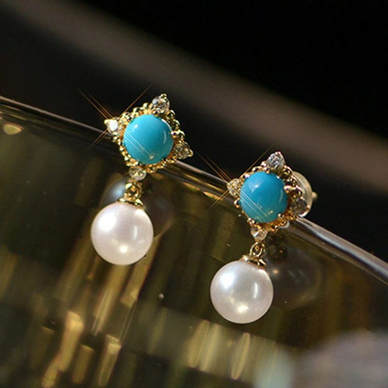  High-end retro imitation pearl earrings diamond geometric round palace style earrings exquisite small earrings