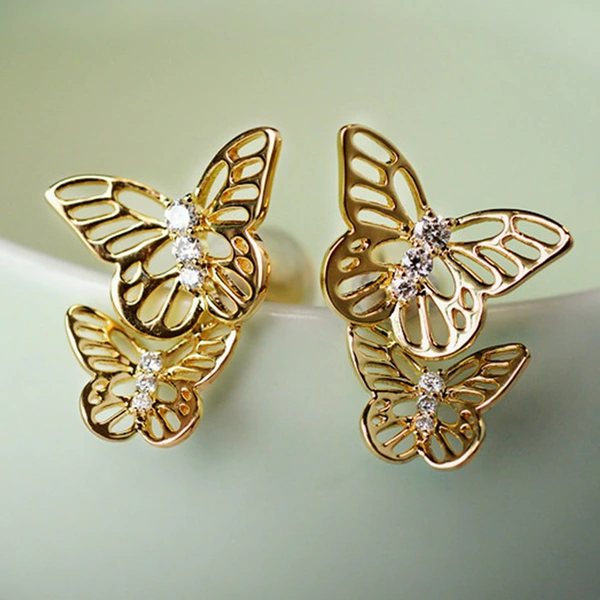 Fashion youth hollow butterfly earrings electroplated copper inlaid zircon student youth girls ear jewelry