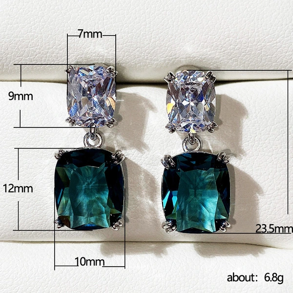 New earrings, oversized fat square diamond zircon earrings for women, exquisite peacock blue crystal earrings
