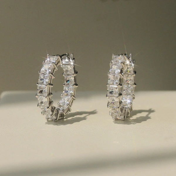 European and American fashion micro-inlaid square super shiny zircon earrings light luxury temperament circle earrings women's versatile earrings