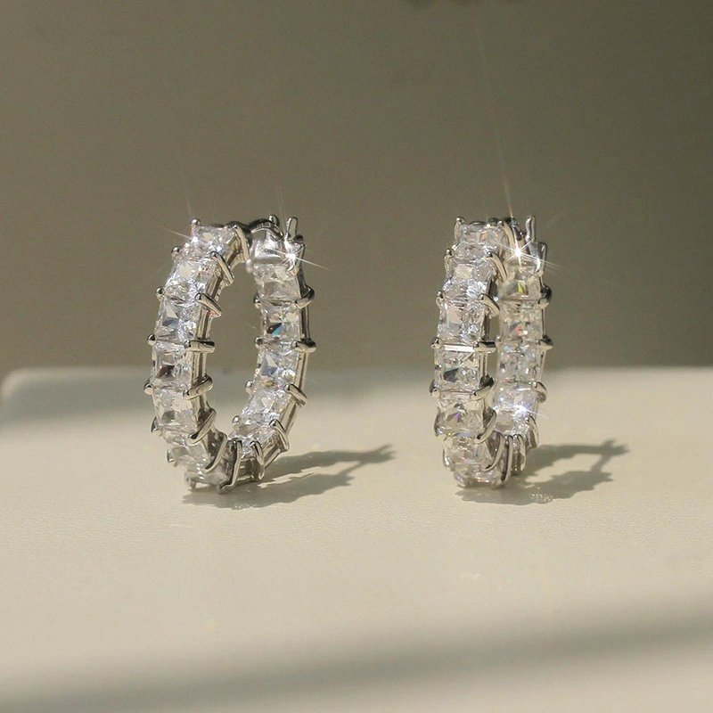 European and American fashion micro-inlaid square super shiny zircon earrings light luxury temperament circle earrings women's versatile earrings