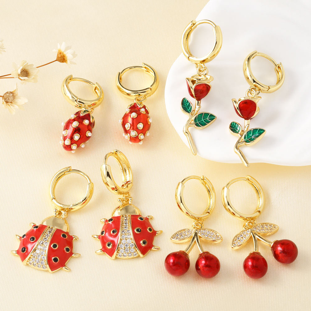 AS jewelry new oil-drip copper plated 18k gold insect rose cherry earrings earrings female eru76