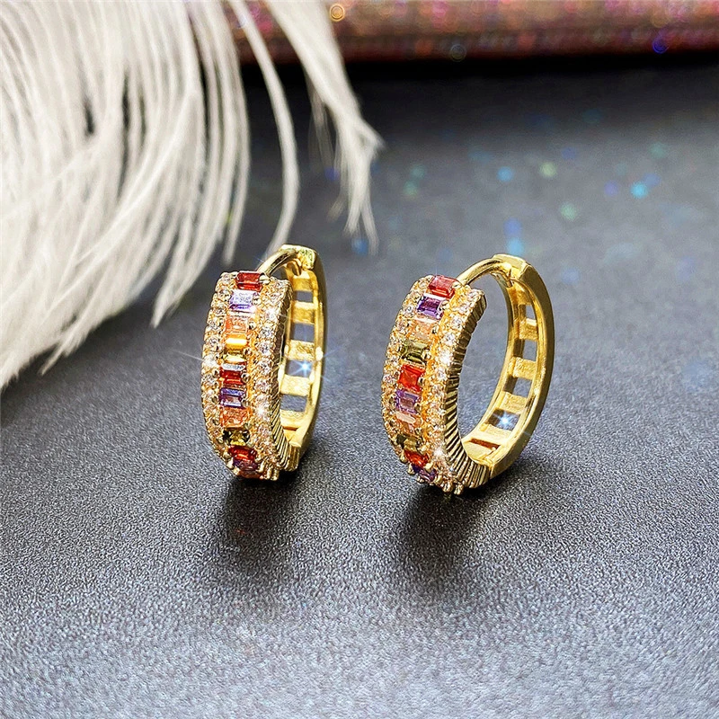 European and American new fashion niche colored zircon earrings for women brass gold-plated simple earrings