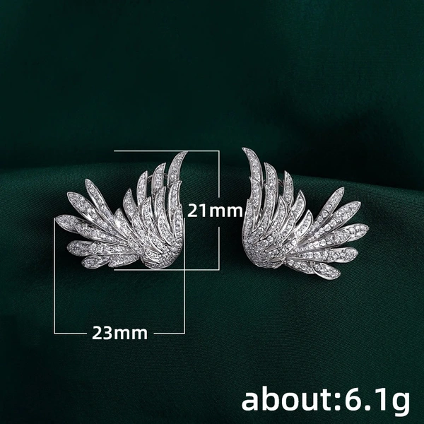 New earrings retro three-dimensional angel wings earrings feathers inlaid diamond zircon piercing earrings
