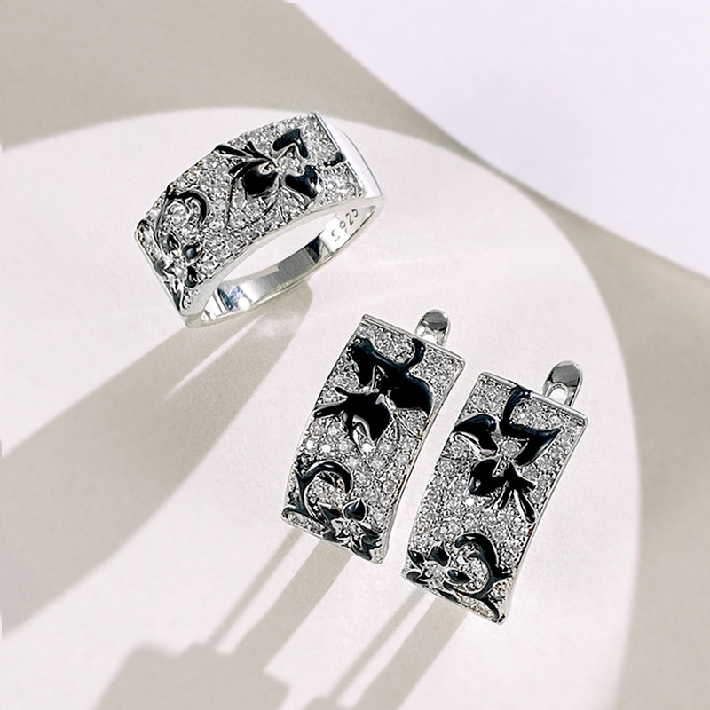 Retro simple flower jewelry set exquisite two-color full diamond zircon ring Valentine's Day gift