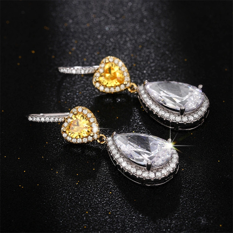 Luxury large teardrop heart-shaped earrings for women, two-tone plated micro-inlaid AAA zircon, fashionable and versatile bridal earrings