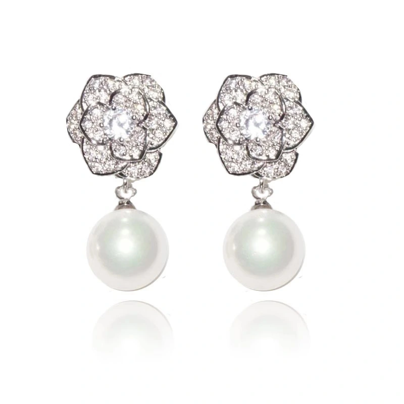 Factory wholesale rose imitation pearl earrings for women camellia ladies princess jewelry fashionable and elegant style