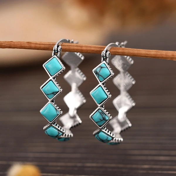 Hot selling retro Chinese style earrings, fashionable geometric imitation turquoise earrings, popular earrings