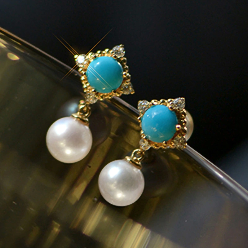  High-end retro imitation pearl earrings diamond geometric round palace style earrings exquisite small earrings
