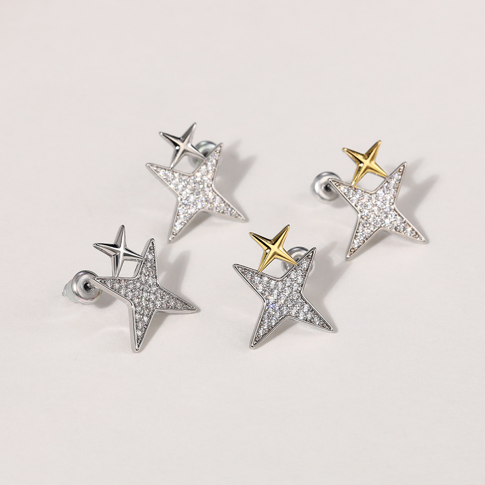 Korean temperament super sparkling star earrings for women exquisite small star-shaped zircon two-color earrings factory direct sales