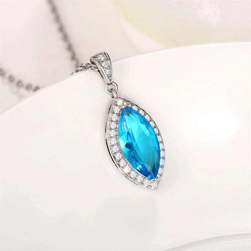 Ruili Magazine Style European and American Aquamarine Topaz Marquise Pendant Necklace Copper with Zircon Clavicle Chain