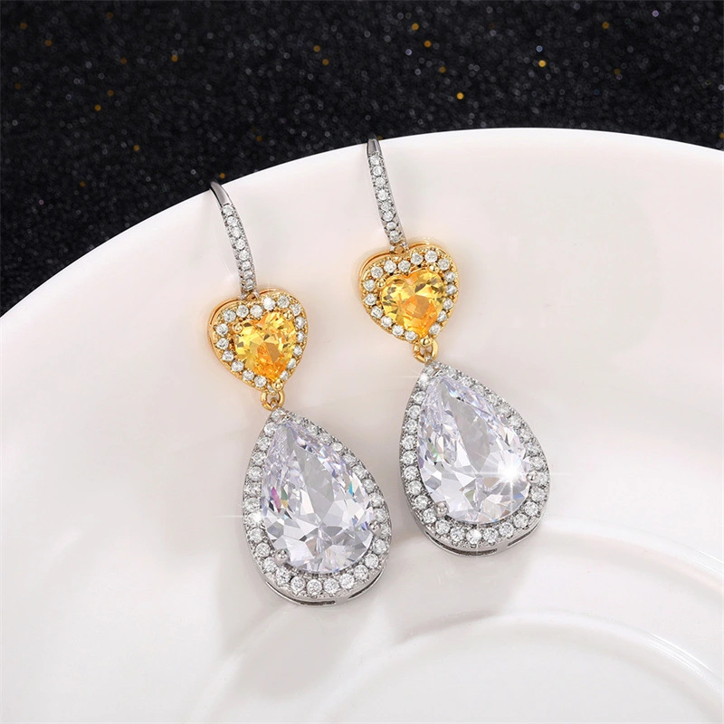 Luxury large teardrop heart-shaped earrings for women, two-tone plated micro-inlaid AAA zircon, fashionable and versatile bridal earrings