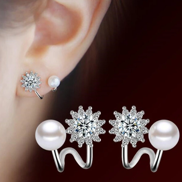 Live new earrings exquisite sunflower imitation pearl ear clips female star same style zircon earrings