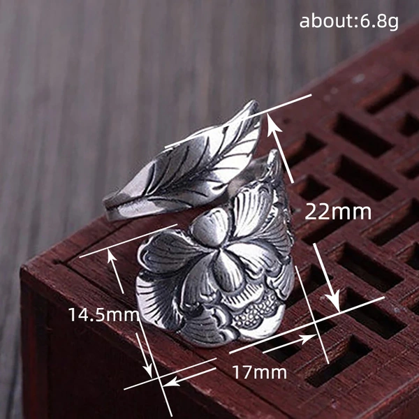  Peony flower open ring for women new retro design ethnic style ring national beauty index finger ring for women