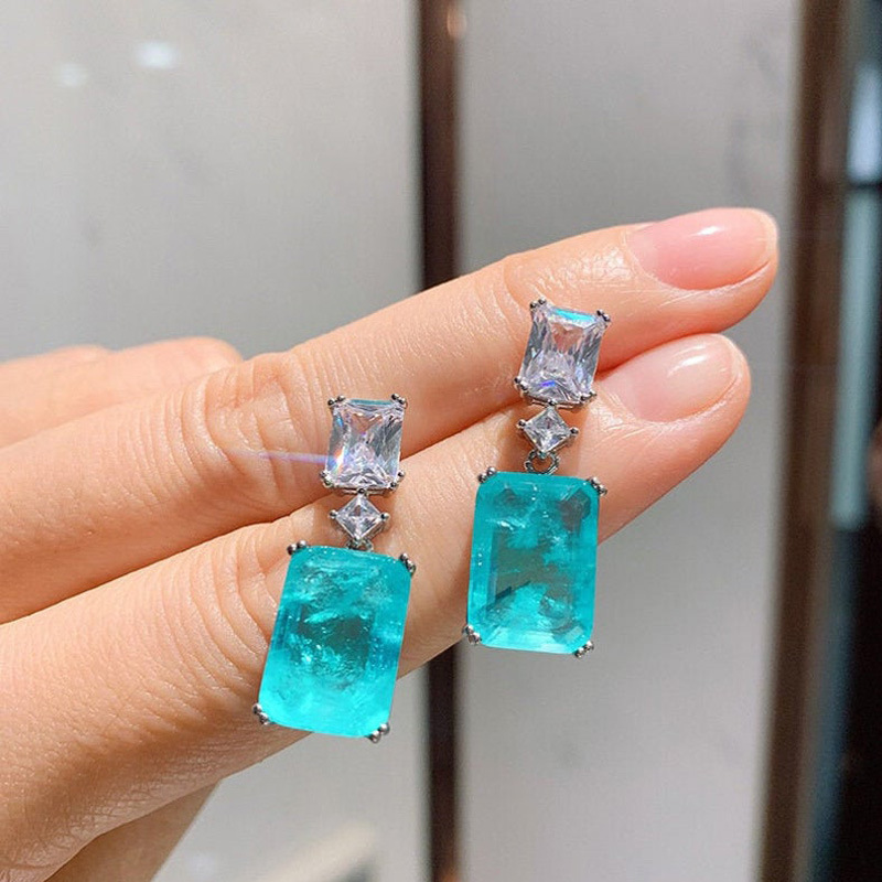 European and American hot selling synthetic Paraiba sapphire earrings simple square geometric zircon earrings